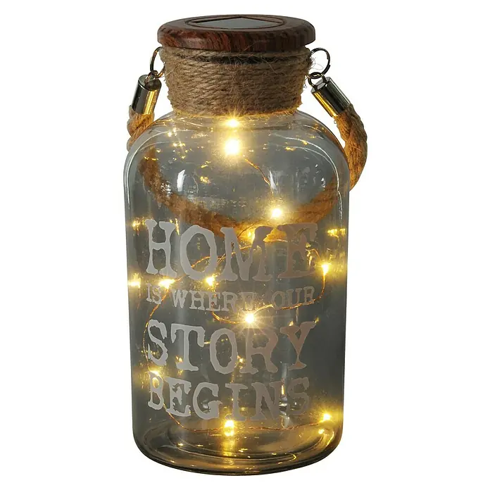 Globo Solar-Tischleuchte - 0,06 W, L x B x H: 11 x 11 x 21,5 cm, Klar/Braun, IP44 - Eine stimmungsvolle Glaslaterne mit LED-Lichtern und dem Schriftzug "Home is where our story begins".
