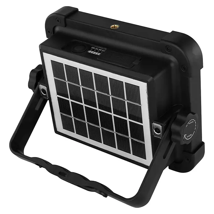 Globo Solar-LED-Strahler - 15 W, 1.000 lm, Lichtfarbe: Neutralweiß - Eine Nahaufnahme einer schwarzen Solarleuchte mit einem verstellbaren Ständer und einer Akkuanzeige.