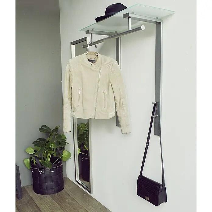 Spinder Design Garderobenleiste Dutch - L x B x H: 330 x 800 x 900 mm, Anzahl Haken: 4 Stk. - Elegante Garderobe mit Glasablage, Jacke und Tasche. Ein stilvolles Möbelstück für den Eingangsbereich.