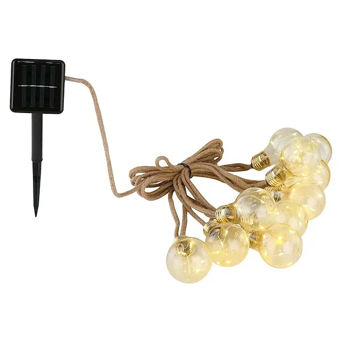 Globo LED-Solar-Lichterkette - Außen, 570 cm, Warmweiß - Solarbetriebene Lichterkette mit Glühbirnen-Design und rustikalem Seil, ideal für Gartenpartys und stimmungsvolle Beleuchtung im Freien.