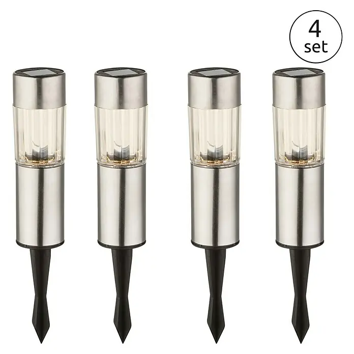 Globo Solarleuchten-Set - 0,06 W, Silber, IP44 - Bild von einem 4er-Set Solar-Gartenleuchten mit silbernem Finish und schwarzen Erdspießen.