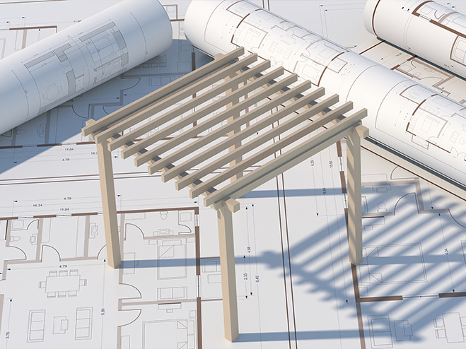 gezeichnete Baupläne mit Pergola Miniatur