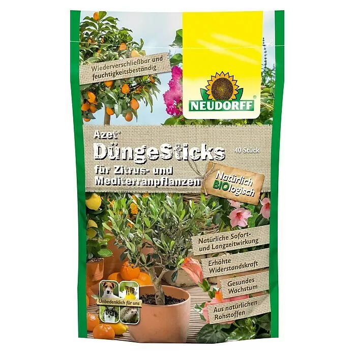 Neudorff Azet Grünpflanzen-Düngestäbchen Zitrus- und Mediterranpflanzen I - 40 Stk. - Neudorff Azet Düngesticks für Zitrus- und Mediterranpflanzen. Grüne und gelbe Bio-Pflanzennahrungspackung, 40 Stück.