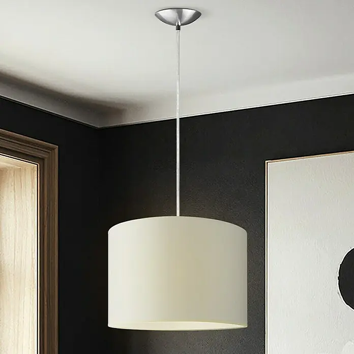 Home Sweet Home Pendelleuchte rund Basic - 10 W, Ø x H: 11 x 100 cm, Silber, E27 - Elegante Pendelleuchte mit cremefarbenem Schirm und satinierter Nickelaufhängung für stilvolle Beleuchtung im Raum.