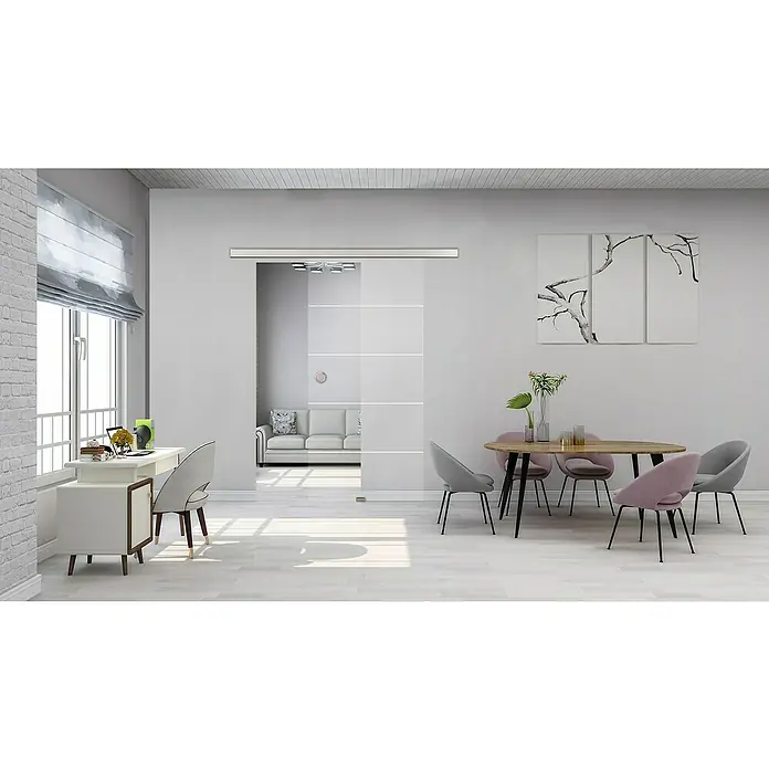 Diamond Doors Glasschiebetür 582 - 935 x 2.058 mm, Einscheibensicherheitsglas (ESG), Klarglas - Elegantes Interieur mit einer modernen Glasschiebetür, die den Wohnbereich optisch erweitert und eine helle, freundliche Atmosphäre schafft.
