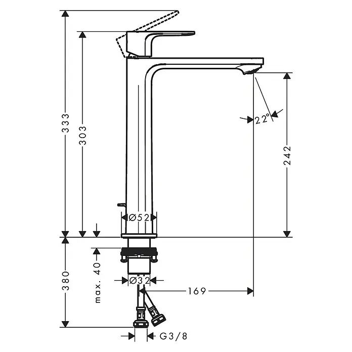 Hansgrohe Rebris S Waschtischarmatur CoolStart Eco - Schwarz, Durchflussmenge: 4 l/min, Höhe: 30,3 cm - Produkt-Skizze eines Hansgrohe Metropol Waschtischarmatur 230 mit Abmessungen, die eine detaillierte Ansicht der Spezifikationen bietet.