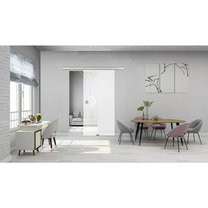 Diamond Doors Glasschiebetür 599 - 935 x 2.058 mm, Einscheibensicherheitsglas (ESG), Milchglas - Modernes Interieur mit einer eleganten Glasschiebetür, die mit einem Pfeilmotiv versehen ist und den Raum optisch teilt.
