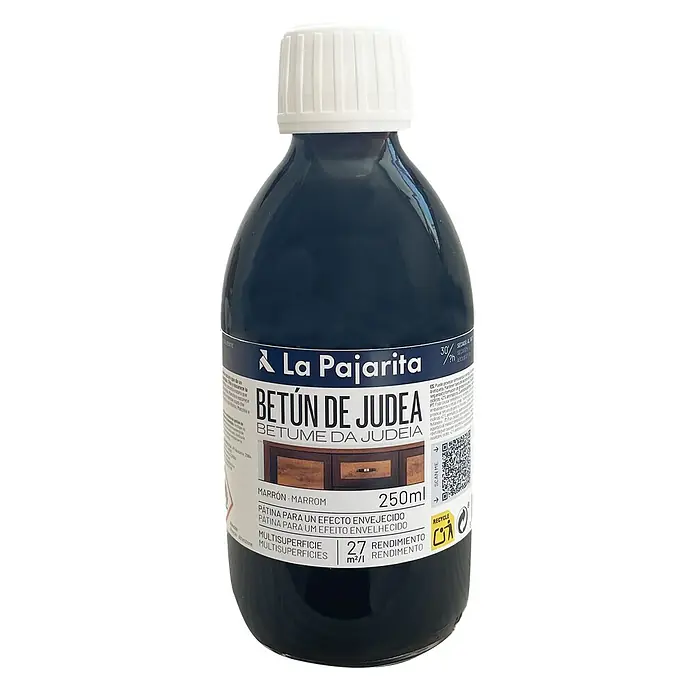La Pajarita Capa de acabado de betún de Judea - 250 ml - Una botella de La Pajarita Betún de Judea, una pátina para un efecto envejecido, 250ml, con color marrón y aplicación multisuperficie.