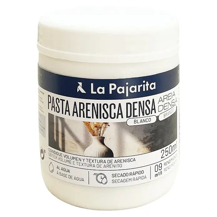 La Pajarita Masilla para efectos Pasta Arenisca Densa - 250 ml, Blanco - Bote de 250ml de Pasta Textura Arenisca Blanca de La Pajarita. Ideal para añadir volumen y textura arenosa a proyectos creativos y decoraciones DIY.