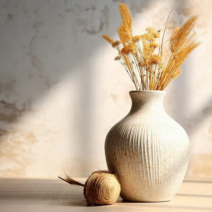 La Pajarita Masilla para efectos Pasta Arenisca Densa - 500 ml, Blanco - Elegante jarrón con flores secas y una pequeña bola decorativa, creando un ambiente cálido y natural. El diseño es simple y elegante.