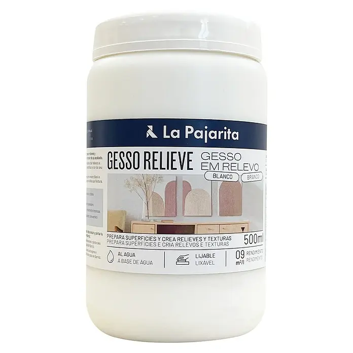 La Pajarita Masilla para efectos Gesso Relieve - 500 ml, Blanco - Bote blanco de La Pajarita Gesso Relief con letras azules e instrucciones para el uso del producto.