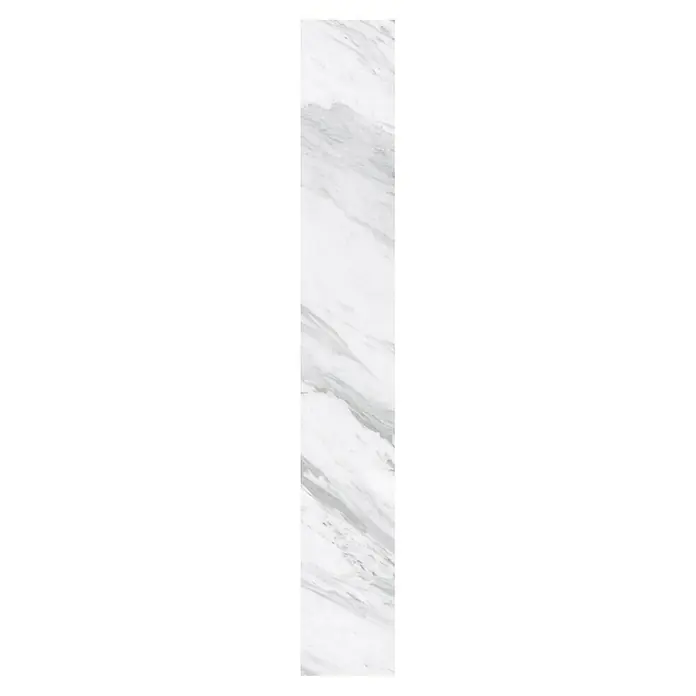 Grosfillex Wandpaneel Element 3D - Marbre Volakas, 2.600 x 375 x 8 mm - Elegante, längliche Fliese mit Marmoroptik. Das Design verfügt über subtile graue Maserungen auf einem weißen Hintergrund, ideal für stilvolle Innenräume.
