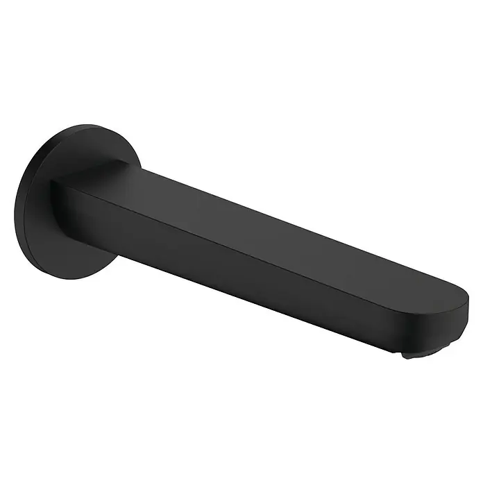 Hansgrohe Rebris S Wanneneinlauf - Schwarz - Detailaufnahme eines eleganten, mattschwarzen Badarmatur-Auslaufs, der modernes Design und hochwertige Verarbeitung vereint.
