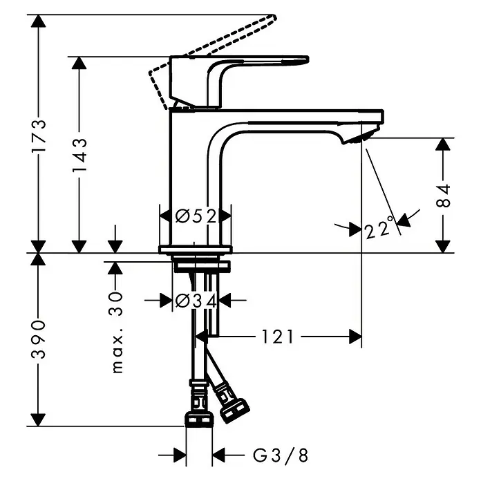 Hansgrohe Rebris S Waschtischarmatur 80 CoolStart - Chrom, Ausladung Armatur: 14,7 cm - Technische Zeichnung einer Armatur mit Maßangaben zu Höhe (173 mm, 390 mm), Ausladung (84 mm, 121 mm) und Durchmesser (Ø34 mm, Ø52 mm).
