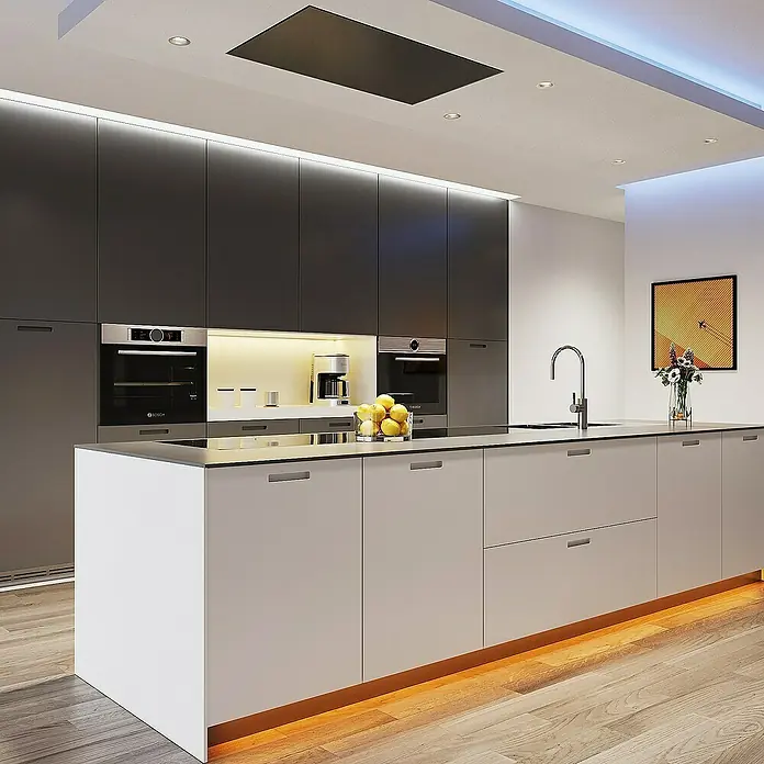 Trio Lighting Tira LED Rush - Largo: 3 m, RGB - Cocina moderna con elementos grises y blancos, diseño elegante y electrodomésticos Bosch integrados para un ambiente elegante.