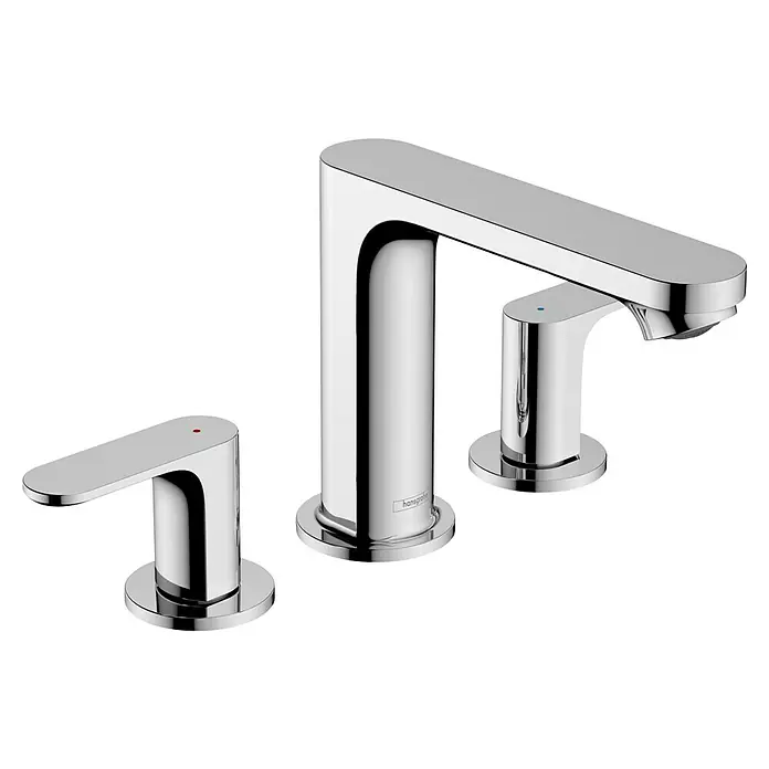 Hansgrohe Rebris S Waschtischarmatur - Chrom, Glänzend, Ausladung Armatur: 16 cm - Bild eines eleganten Hansgrohe Metropol 260 Waschtischarmatur-Sets mit drei Löchern und glänzender Chromoberfläche.