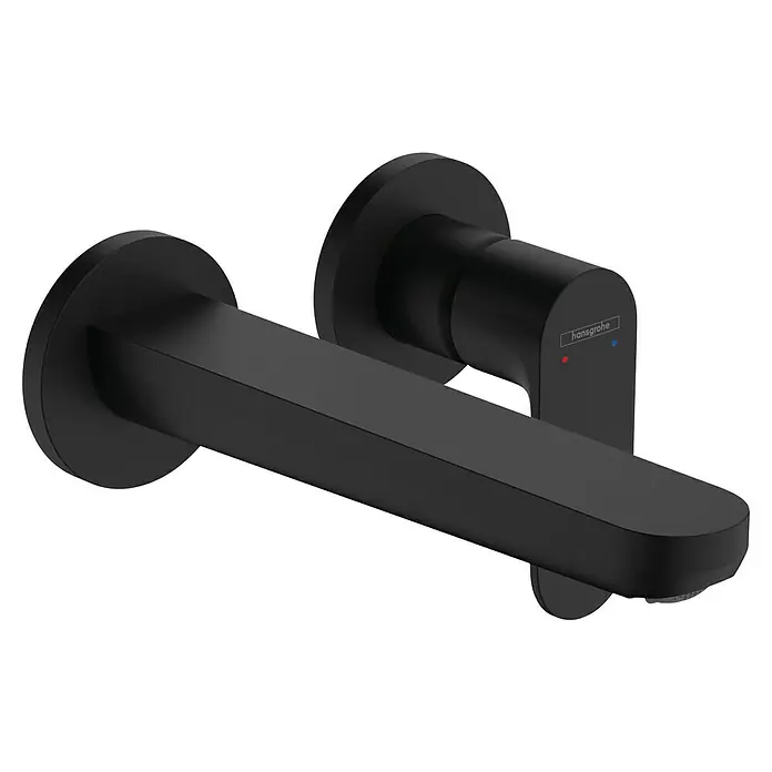 Hansgrohe Rebris S Waschtischarmatur 200 - Schwarz, Matt - Elegante, mattschwarze Hansgrohe Waschtischarmatur zur Wandmontage, die mit ihrem minimalistischen Design und der hochwertigen Verarbeitung überzeugt.