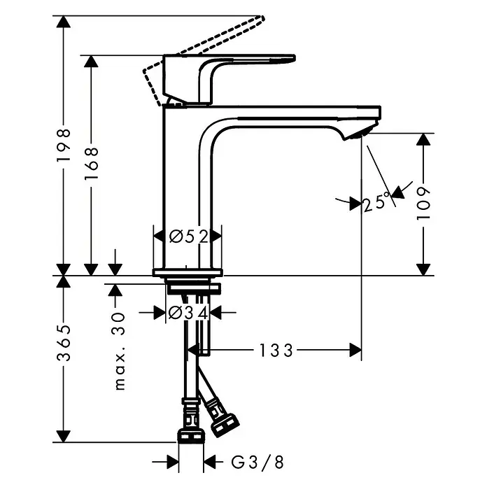 Hansgrohe Rebris S Waschtischarmatur 110 CoolStart - Chrom, Durchflussmenge: 5 l/min, Ausladung Armatur: 15,9 cm - Technische Zeichnung einer Armatur mit Höhen-, Durchmesser- und Winkelangaben.