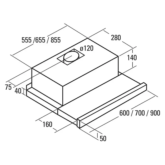 Cata Campana extensible TF2003 - Ancho: 60 cm, 390 m³/h, Acero inoxidable - Diagrama dimensional de una campana extractora. La imagen ilustra las dimensiones de la campana para la planificación de la cocina.