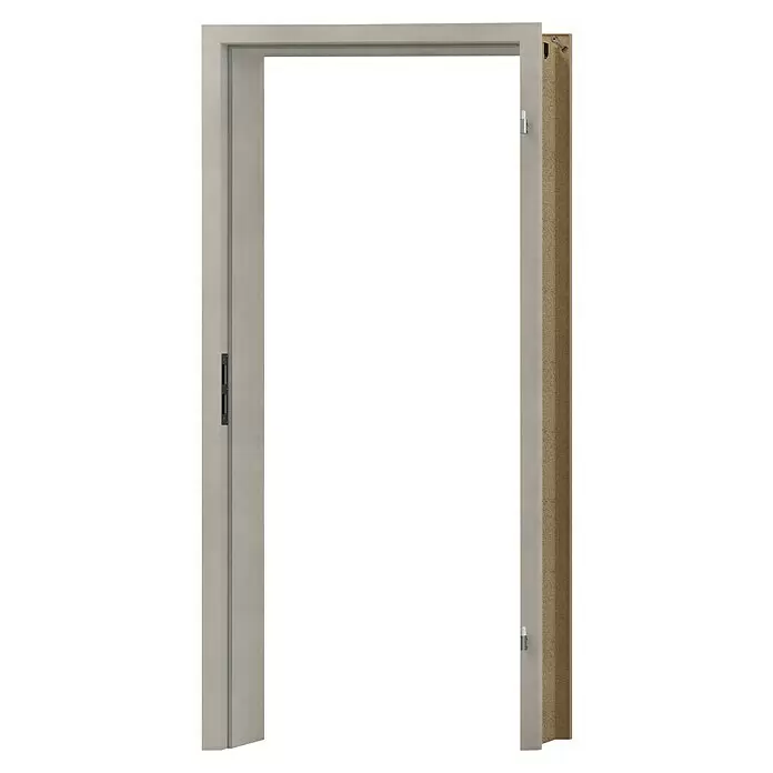 GetaDoor Laminit Türzarge GL 434 - 735 x 1.985 mm, Wandstärke: 145 mm, DIN Anschlag: Rechts, Semento Betonoptik - Hellgrauer Türrahmen mit sichtbarem Spanplattenkern und eingelassener Griffaussparung.