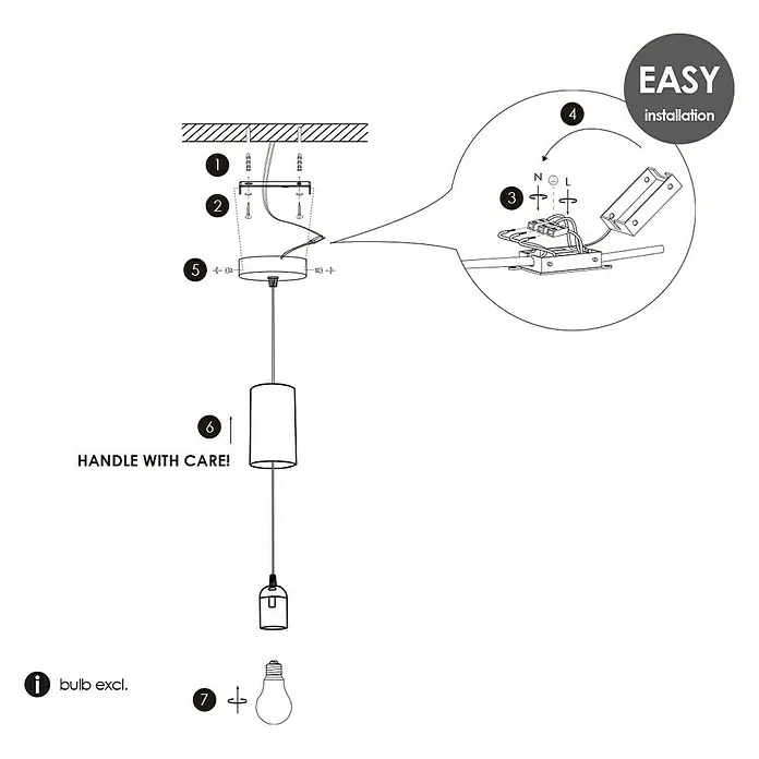 Home Sweet Home Pendelleuchte Saga - Weiß, 120 cm, 10 W, E27 - Eine schematische Darstellung einer Hängelampe, die die einzelnen Montageschritte und die erforderlichen Komponenten für eine einfache Installation zeigt.
