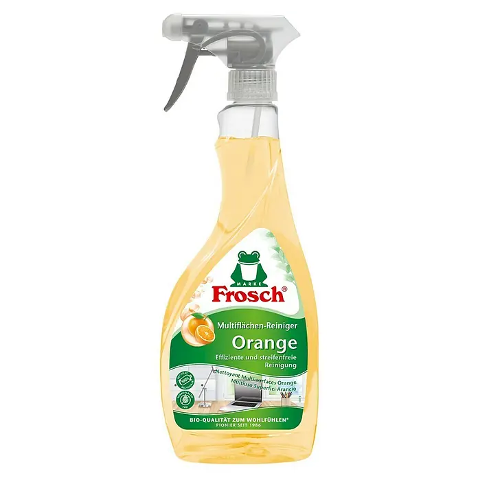 Frosch Reinigungsmittel Multiflächen-Reiniger Orange - 500 ml, Flasche mit Sprühkopf - Frosch Orangen-Multiflächen-Reiniger in einer Sprühflasche. Für streifenfreie und effiziente Reinigung mit Bio-Qualität seit 1986.