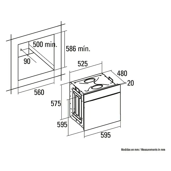 Cata Horno empotrado CM 760 AS BK - Número de tipos de calentamiento: 5 ud., Volumen horno: 50 l - Un diagrama esquemático de una campana extractora con dimensiones, que muestra las medidas de instalación y del aparato en milímetros.
