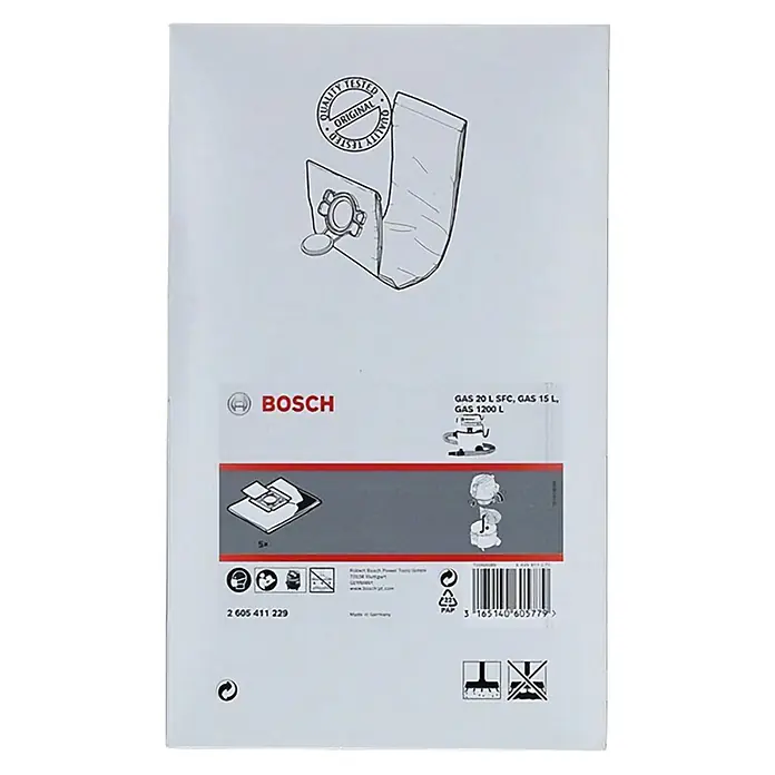Bosch Staubsaugerbeutel - 5 Stk., Passend für: GAS 20 L PROFESSIONAL - Bosch Staubsaugerbeutel für GAS 20 L SFC, GAS 15 L und GAS 1200 L, Originalqualität, 5 Stück im Paket für effizientes Staubsaugen.