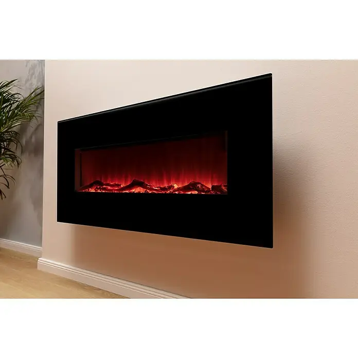 Voltomat HEATING Stand- & Wandkamin Flat - Schwarz, 26 x 128 x 61 cm - Elegantes Foto eines modernen, schwarzen elektrischen Wandkamins, der eine warme und einladende Atmosphäre erzeugt.