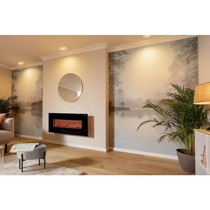 Voltomat HEATING Stand- & Wandkamin Flat - Schwarz, 26 x 128 x 61 cm - Wohnzimmer mit modernem Elektrokamin an der Wand, Spiegel und dekorativer Tapete mit Seemotiv für ein stilvolles Ambiente.