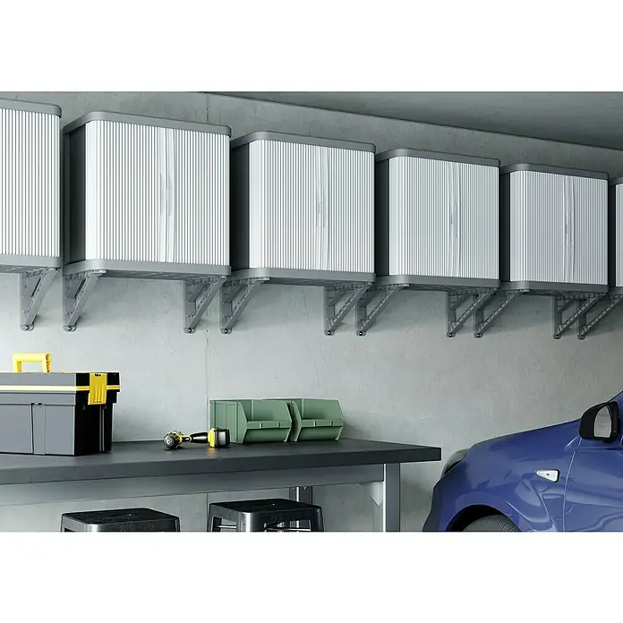 Terry Armario multiusos de plástico  Rolling Space - L x An x Al: 36 x 59 x 59,5 cm - Solución de almacenamiento de garaje moderna y luminosa con amplios armarios de pared, un banco de trabajo y una caja de herramientas para un garaje organizado.