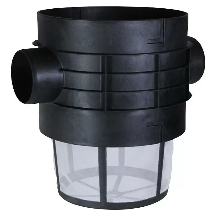 Intewa Regenwasserfilter mit Filterkorb Purafit - Ø x H: 31,5 x 42 cm - Schwarzer Kunststoff-Wasserfilter mit mehreren Rohrverbindungen und integriertem transparentem Siebkorb.