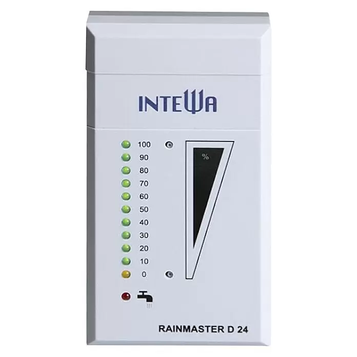 Intewa Zubehörsortiment Rainmaster Steuerung zur Trinkwassernachspeisung - Messverfahren: Kapazitiv - Weißes INTEWA Rainmaster D 24 Steuergerät mit LED-Anzeige für 0-100% und einem Wasserhahn-Symbol.