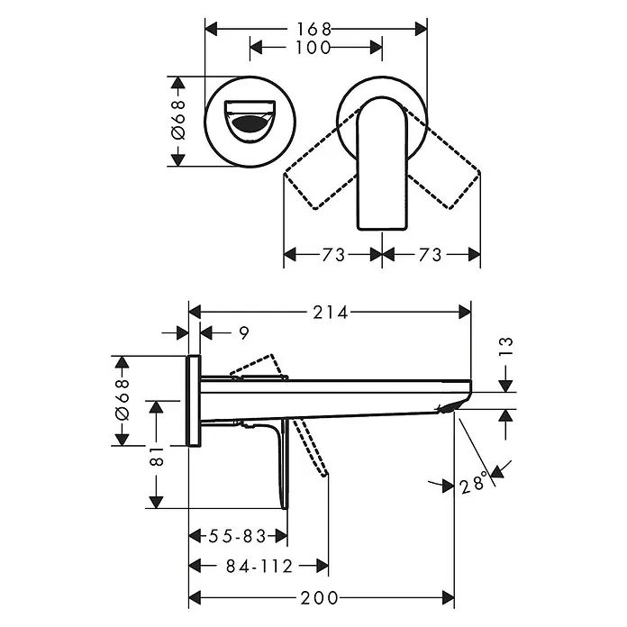 Hansgrohe Rebris E Waschtischarmatur 200 - Chrom, Ausladung Armatur: 21,4 cm - Technische Zeichnung eines Waschtischmischers mit Maßangaben für Installation und Design.