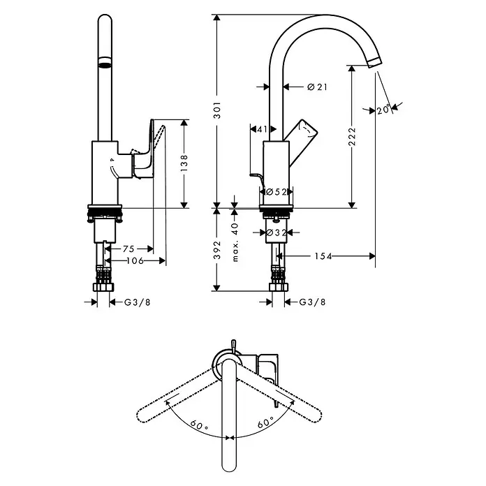 Hansgrohe Rebris E Waschtischarmatur 210 - Schwarz, Matt, Ausladung Armatur: 18 cm - Eine technische Zeichnung eines Wasserhahns mit verschiedenen Maßangaben. Die Armatur zeigt präzise Details für Installation.