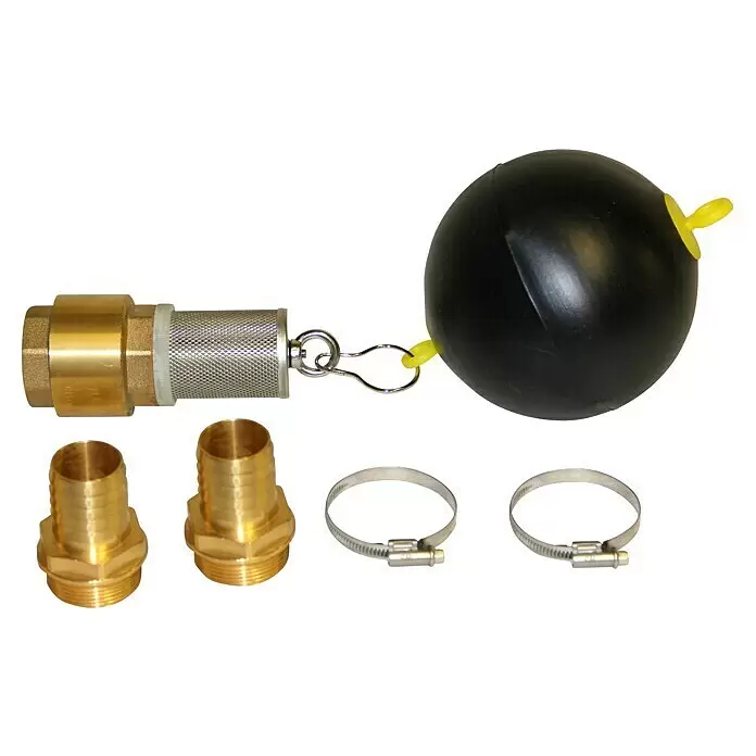 Intewa Sauggarnitur mit Grobfilter - Länge: 4 cm, Durchmesser: 35 mm - Messing-Fußventil mit Edelstahlfilter, schwarzem Schwimmer, zwei Messing-Schlauchstutzen und zwei Schlauchklemmen für ein Pumpenset.