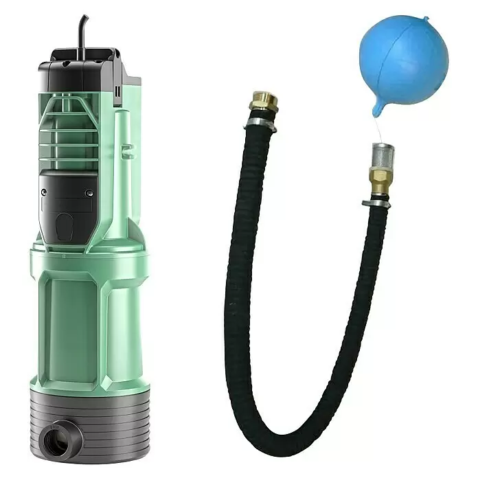 Intewa Pumpen-Set Multi05-IS - 420 W - Grüne und schwarze Tauchpumpe mit schwarzem Wellschlauch und blauem Schwimmerschalter zur Wasserentwässerung.