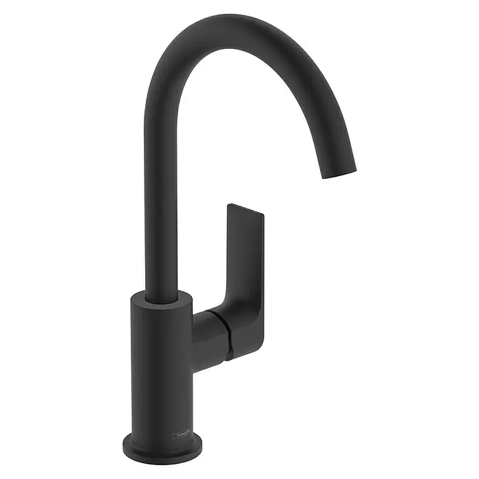 Hansgrohe Rebris E Waschtischarmatur 210 - Schwarz, Matt, Ausladung Armatur: 18 cm - Schwarzer Hansgrohe Waschtischmischer mit geschwungenem Auslauf und flachem Hebel für moderne Badezimmer.