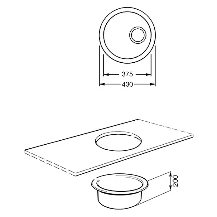 Smeg Fregadero encastrable BST103P - 43 x 43 cm, Acero inoxidable - Imagen del producto de un lavabo redondo con dimensiones de 375 mm y 430 mm, y una profundidad de 200 mm para baño o aseo de invitados.