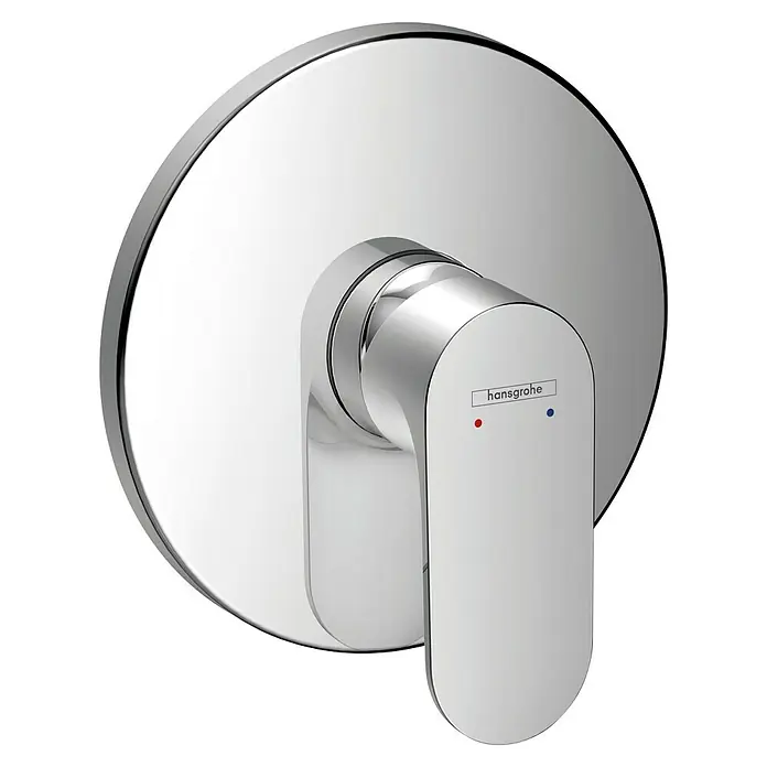 Hansgrohe Rebris S UP-Brausearmatur - Chrom, Glänzend - Nahaufnahme eines glänzenden, runden Hansgrohe-Wasserhahns mit Hebel, der mit roten und blauen Punkten zur Temperaturanzeige versehen ist.