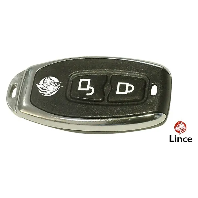Lince Cerradura electrónica Supratronik 4940TK - Apto para: Puertas, Plateado - Llavero con dos botones para abrir y cerrar el coche. La carcasa es de color plateado y el centro es negro.