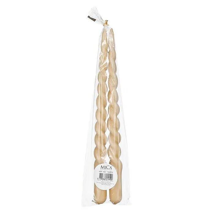 Spitzkerzen Twist - 2 Stk., Hellbraun, Ø x H: 2,2 x 29 cm - Zwei spiralförmige, elfenbeinfarbene Kerzen in einer transparenten Plastikverpackung mit goldenem Verschluss.