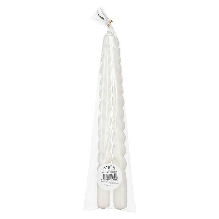 Spitzkerzen Twist - 2 Stk., Weiß, Ø x H: 2,2 x 29 cm - Eine Packung mit zwei weißen, spiralförmigen Tafelkerzen, verpackt in einer durchsichtigen Plastiktüte.