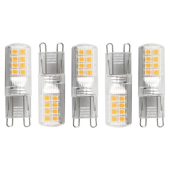 LED-Lampen Set - G9, Dimmbarkeit: Nicht Dimmbar, Warmweiß, 320 lm, 2,6 W, 5 Stk. - Fünf klare G9 LED-Leuchtmittel mit gelben Chips und Metallstiften.