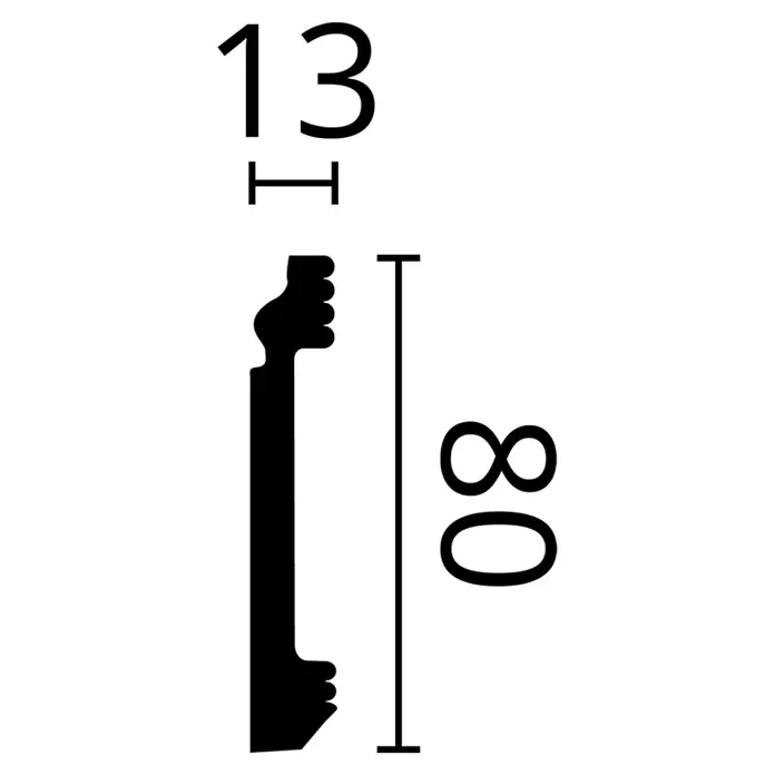 Nmc Decoflair Zierprofil Sockelleiste C3 - 2 m x 1,3 cm x 8 cm, Hochverdichtetes extrudiertes Polymer (HDPS) - Profilquerschnitt einer Zierleiste mit den Maßen 13 mm Breite und 80 mm Höhe, dargestellt in einer technischen Zeichnung.