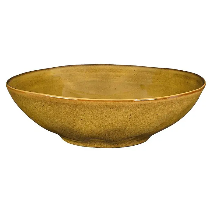 Schale Tabo - Ø x H: 30,5 x 9 cm, Gelb - Gelbe Keramikschale mit rustikalem Design. Perfekt als dekoratives Element oder zur Aufbewahrung von Obst und anderen Gegenständen.