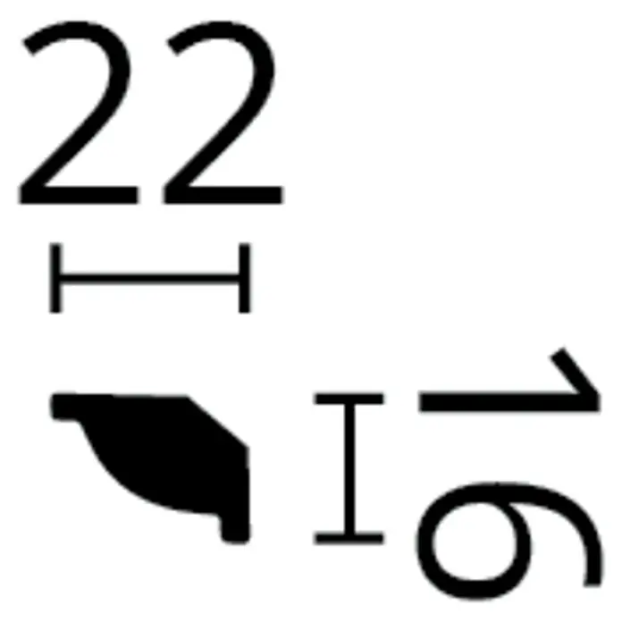 Nmc Decoflair Zierprofil Deckenleiste C5 - 2 m x 22 mm x 16 mm, Hochverdichtetes extrudiertes Polymer (HDPS) - Darstellung mit "22", einer horizontalen Linie, einer Form und "16" mit Pfeil, die verschiedene Elemente und Zahlen in einer schwarzen Darstellung kombiniert.