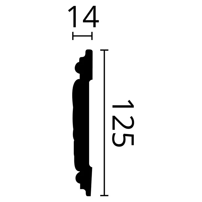 Nmc Decoflair Zierprofil Wandleiste F19 - 2 m x 14 mm x 125 mm, Hochverdichteter Polyurethanschaum (PU) - Detailaufnahme einer Zierleiste mit den Maßen 14 x 125. Elegantes Profil für stilvolle Raumgestaltung, klassisch und dekorativ.