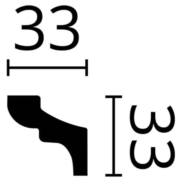 Nmc Decoflair Zierprofil Deckenleiste D3 - 2 Stk., 2 m x 33 mm x 33 mm, Extrudiertes Polystyrol (XPS) - Profilansicht einer Zierleiste mit den Maßen 33 x 33 mm, ideal für dekorative Wand- und Deckenverkleidungen.