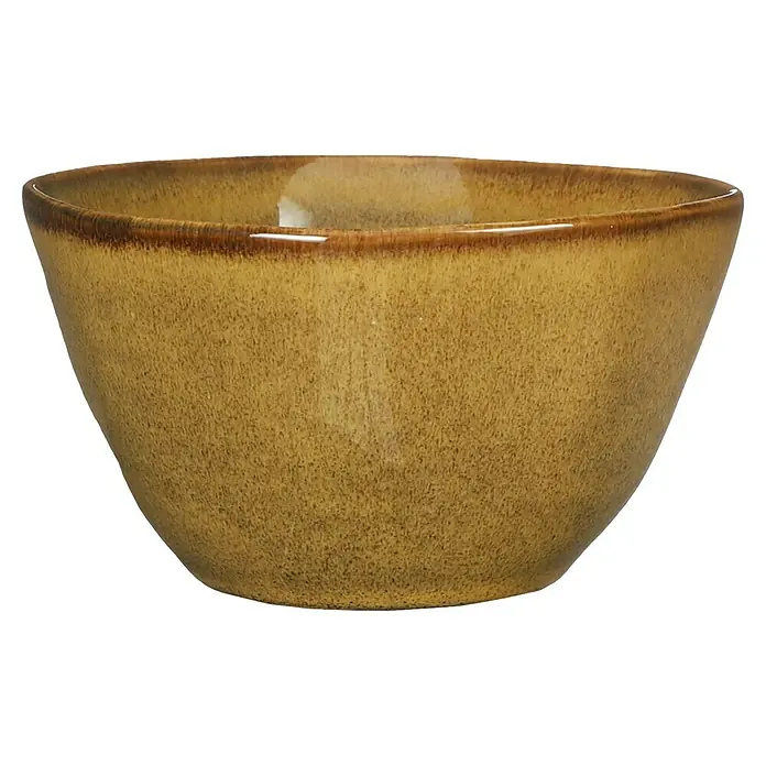 Schale Tabo - Ø x H: 14 x 6,5 cm, Gelb - Nahaufnahme einer honigfarbenen Keramikschale mit braunem Rand, ideal für Snacks oder als dekoratives Element.